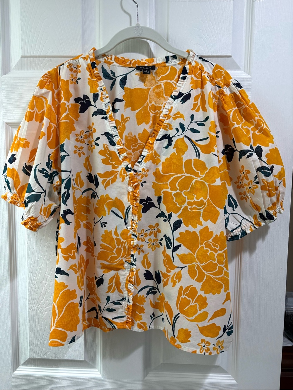Ann Taylor White Floral V-Neck Button Front Top with Yellow Blooms